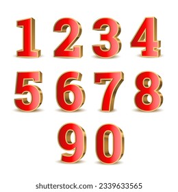 3d red numbers with golden outline. Symbol set. Vector illustration