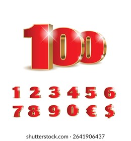 3d red numbers with golden outline. Symbol set. Vector illustration