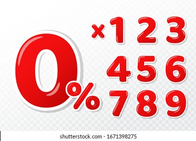 Números rojos 3D establecidos con 0 por ciento de marca y números Conceptos de pago a plazos.
