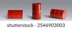 3d red oil barrel. Metal gas can vector mockup. Chemical container package for petroleum or gasoline isolated render design set. Realistic canister for industrial pollution. Empty glossy steel tank