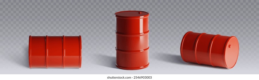 3d red oil barrel. Metal gas can vector mockup. Chemical container package for petroleum or gasoline isolated render design set. Realistic canister for industrial pollution. Empty glossy steel tank