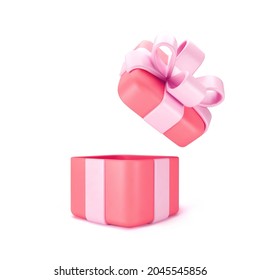 3d red open gift box standing on the floor with pink pastel ribbon bow isolated on a light background. 3d render modern holiday surprise box. Realistic vector icon