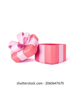 3d Red Open Gift Box Standing On The Floor With Pink Pastel Ribbon Bow Isolated On A Light Background. 3d Render Modern Holiday Surprise Box. Realistic Vector Icon