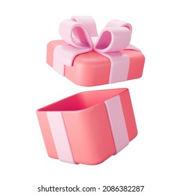 3d red open gift box with pastel ribbon bow isolated on a white background. 3d render flying modern holiday open surprise box. Realistic vector icon for present, birthday or wedding banners