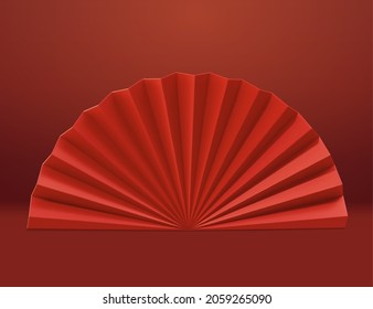 3d red oriental paper fold fan, isolated on red background. Suitable for Japanese or other Asian decor.