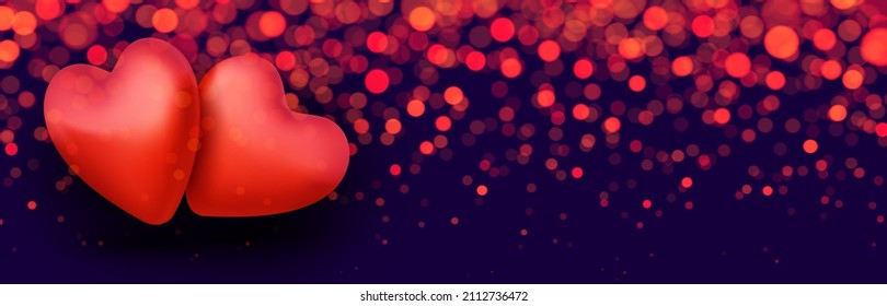 Un par de corazones rojos con luces de boquilla sobre fondo azul oscuro. Banner del día de San Valentín con espacio para texto. Ilustración vectorial.