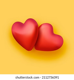 3d red pair of hearts on yellow background. Valentine's day. Vector illustration.