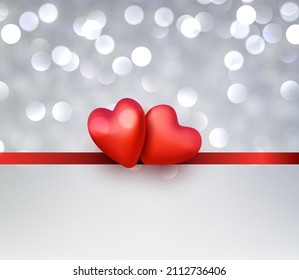 3d red pair of hearts on red line. Silver lights bokeh background. Valentine's day card. Vector illustration.