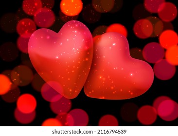 3d red pair of hearts on bokeh background. Valentine's day card, poster, flyer, brochure. Vector illustration.