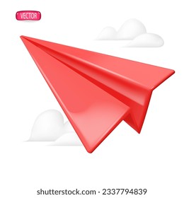 3D red paper airplane in the sky with clouds. Transform the folded paper into the shape of an airplane icon.  Transportation, internet mail delivery, and messaging symbol. Vector Illustration.