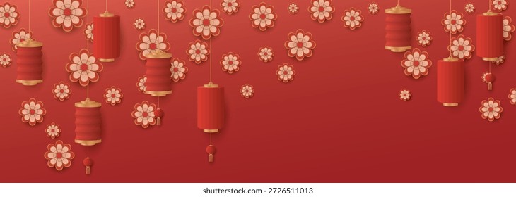 Lanternas de papel vermelho 3D estilo chinês com flores em fundo vermelho. O modelo de cartão de saudação de Ano Novo Chinês tem espaço em branco.