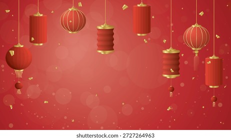 3D red paper lanterns Chinese style with golden confetti on soft bokeh on blurred red background. Chinese New Year greeting card horizontal template have blank space.
