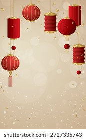 3D red paper lanterns Chinese style with golden confetti on soft bokeh on blurred beige color background have blank space. Chinese New Year greeting card vertical template.