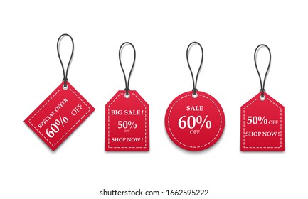 3D red paper price tags sale isolated on white background, vector illustration