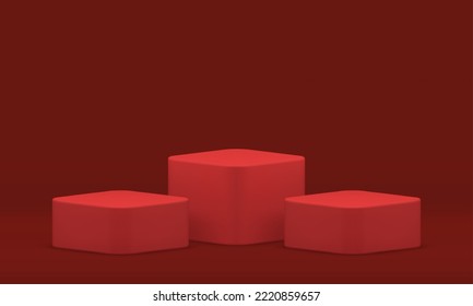 3d red pedestal three cubes squared platform for expo advertising premium studio background realistic vector illustration. Podium geometric stage competition arena for product presentation design