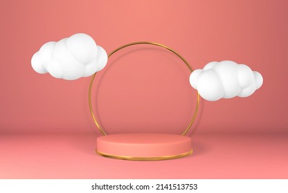 3d red pedestal with white clouds. Podium display on empty room. Stage for product on cylinder podium. Minimal style. Vector illustration.