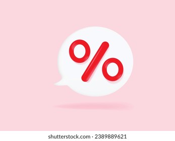 3d red percentage isolated on white speech bubble. Business promotion sale discount shopping online. 3d vector rendering. Isolated Pink Background.
