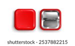 3d red pin button. Round square badge mockup icon. Blank glossy plastic souvenir label isolated. Realistic metal sign for name or product promotion design. Emblem template render for merchandise