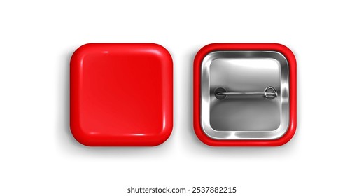 Botón de pin rojo 3D. Icono de maqueta de insignia cuadrada redonda. Etiqueta plástica brillante en blanco del recuerdo aislada. Signo realista del metal para el nombre o el diseño de la promoción del producto. Renderizado de Plantilla de emblemas para Mercancía