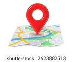 3d red pin with city map. Red plastic push pin on folded paper map, point marker. Place position pointer vector GPS location icon. Vector concept in 3D render style.