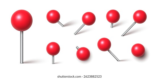 3d red pin. Plastic map push pins, point markers, thumbtacks with needle and round head, pushpin for paper notice, position or place pointer with shadows. Vector isolated set.
