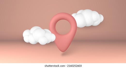 3d red pin point marker with shadow in clouds. Location icon on map. Vector illustration.