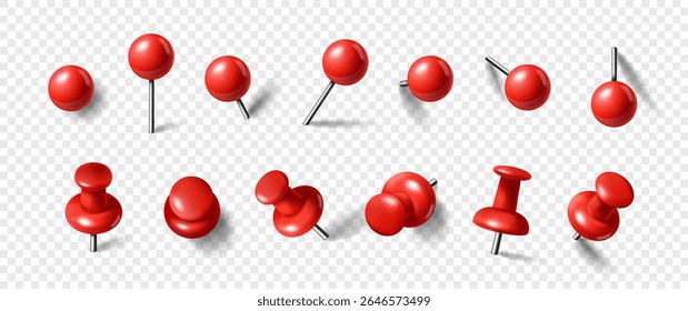 3D red pin set. Plastic round thumbtack in different angles. Sharp rivets for fixing notes on planks. Office stationary. Realistic vector illustration collection isolated on transparent background