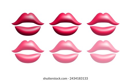 3d rojo y rosa labios abstractos conjunto ilustración vectorial diseño. Boca sexy, lápiz de labios, maquillaje, maquillaje.