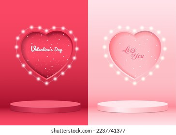 3D red and pink cylinder pedestal in hearth shape window background with LED String lights. Valentine day scene for product display presentation. Vector illustration. 