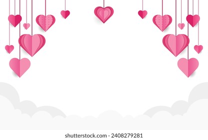 3d red pink paper hearts with frame on background. Cute love sale banners or greeting cards Romantic background with realistic design elements, gift box,