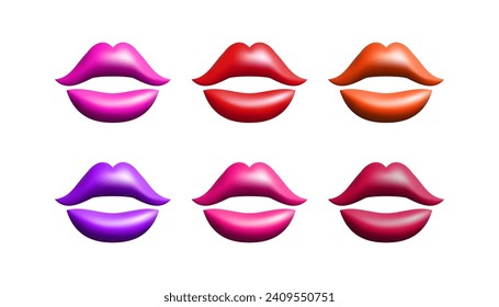 3d red, pink, purple and orange abstract lips set vector illustration design.