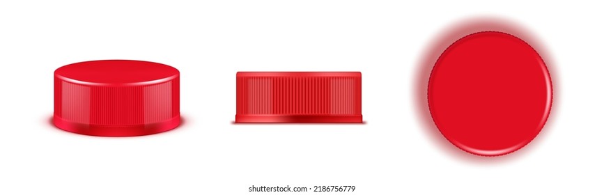 3D Red Plastic Bottle Cap Set. Top, Side And Perspective View. EPS10 Vector