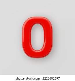 3D Red de plástico número 0 con una superficie brillante sobre un fondo gris.
