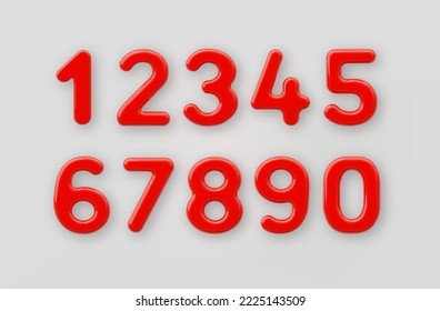 3D Red plastic number 1,2,3,4,5,6,7,8,9 and null with a glossy surface on a gray background .