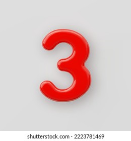 3D Red plastic number 3 with a glossy surface on a gray background.