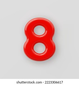 3D Red plastic number 8 with a glossy surface on a gray background.