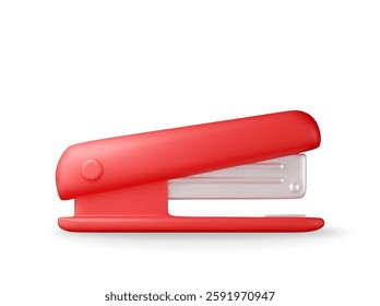 3D Red plastic stapler isolated on white. Render stapler tool icon. Device for fastening sheets. Office and school equipment, stationery or supply. Vector illustration