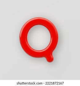 3D Red plastic uppercase letter Q with a glossy surface on a gray background.