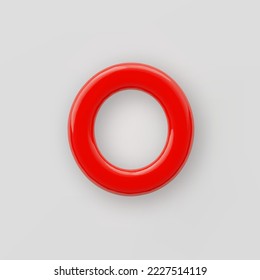 3D Red plastic uppercase letter O with a glossy surface on a gray background.