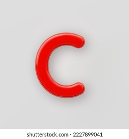 Letra C mayúscula de plástico rojo 3D con una superficie brillante sobre un fondo gris.