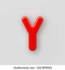 3D Red plastic uppercase letter Y with a glossy surface on a gray background.