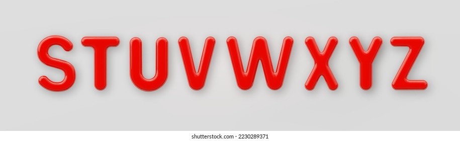 3D Red plastic uppercase letters S, T, U, V, W, X, Y and Z with a glossy surface on a gray background.