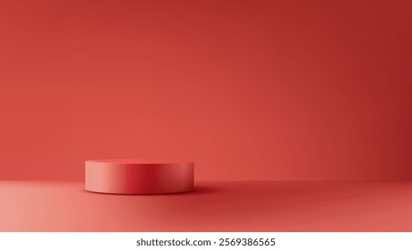 3D red podium against a matching red backdrop of Chinese New Year. Minimalist product displays, festive celebrations, and modern mockup designs