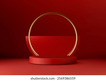 3D red podium featuring a striking gold ring accent for Chinese New Year celebrations, luxury product displays, or festive mockups. Vibrant colors and a modern design presentations.