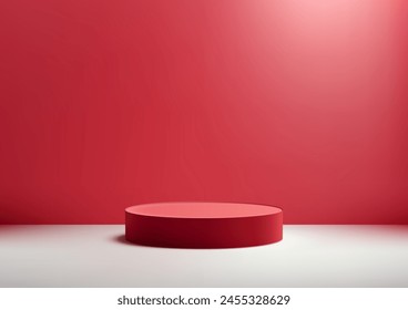 3D red podium on white floor with a red wall in the background, Minimal style, Product display, Mockup, Showcase, Showroom presentation. Vector illustration