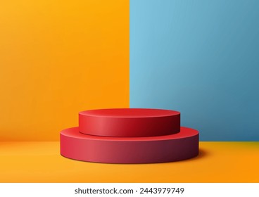 3D red podium on a yellow and blue geometric background. Ideal for showcasing products in a modern style. Vector illustration