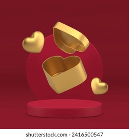 3d red podium pedestal with golden open heart gift box Valentine's Day display realistic vector illustration. Luxury elegant shopping showroom romantic present pack geometric studio for advertising
