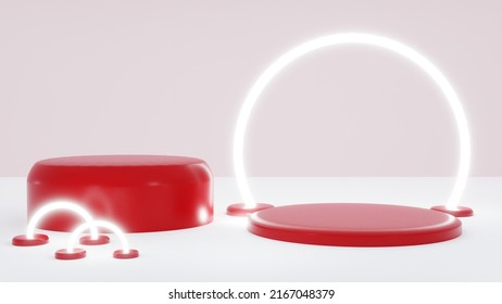 3D Red podium with ring light background, Display product for promotion, Online sale in red cherry colour tone  -3D rendering
