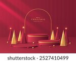 3D red podium set with Christmas tree in red and golden background. Abstract geometric composition in minimalist design. Studio display showroom product pedestal, Fashion stage showcase mockup scene.