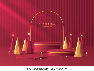 3D rotes Podium mit Weihnachtsbaum auf rotem und goldenem Hintergrund. Abstrakte geometrische Komposition in minimalistischem Design. Studio-Display-Showroom-Produkt-Sockel, Fashion-Bühne Showcase-Mockup-Szene.